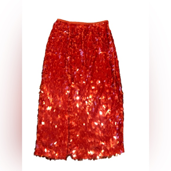 ZARA RED SEQUINS SKIRT XS FRONT SLIT FLAWS - Picture 1 of 16